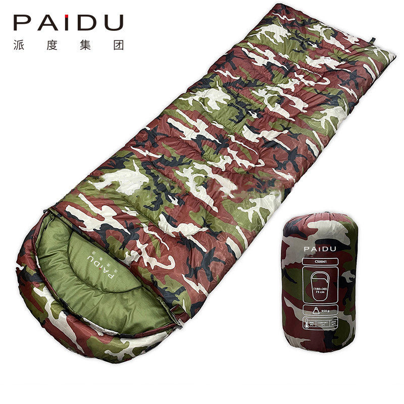 Paidu Outdoor 170T Camouflage Green Hooded Sleeping Bag Spring And Autumn Camping Camping Windproof Warm Cotton Sleeping Bag Custom
