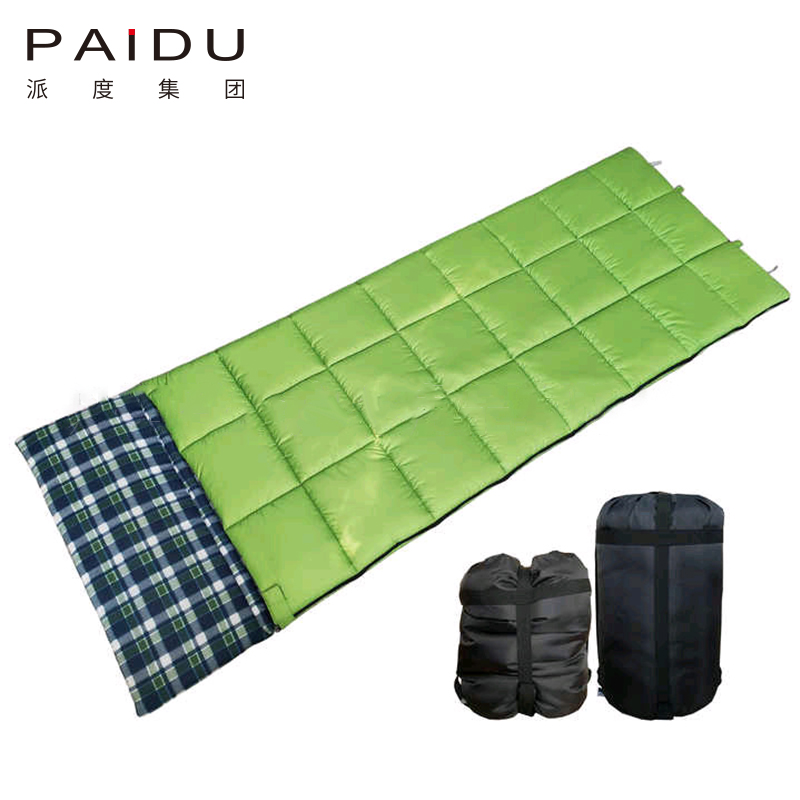 Paidu Outdoor 1.8Kg Green Plaid Envelope Type Three Season Flannel Sleeping Bag With Removable Pillow Camping