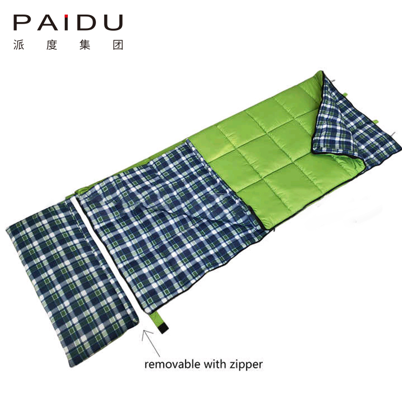 Paidu Outdoor 1.8Kg Green Plaid Envelope Type Three Season Flannel Sleeping Bag With Removable Pillow Camping