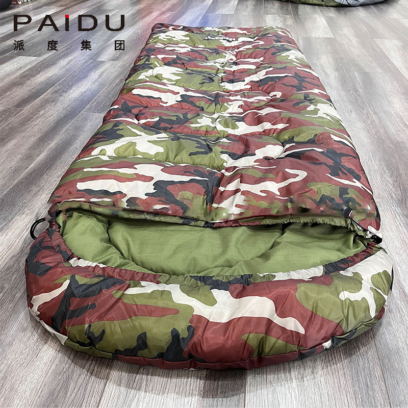 Paidu Outdoor 170T Camouflage Green Hooded Sleeping Bag Spring And Autumn Camping Camping Windproof Warm Cotton Sleeping Bag Custom