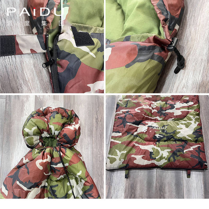 Paidu Outdoor 170T Camouflage Green Hooded Sleeping Bag Spring And Autumn Camping Camping Windproof Warm Cotton Sleeping Bag Custom